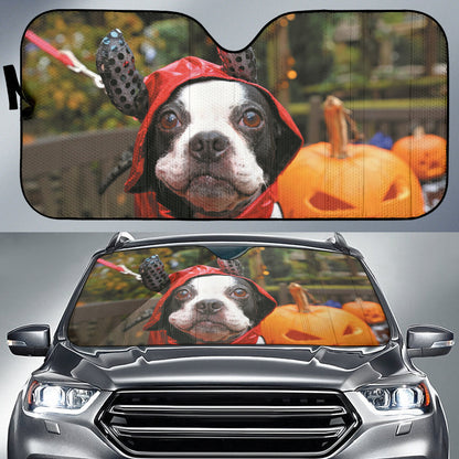 Adorable Boston Terrier Dressed for Halloween Night Car Auto Sun Shades 211502