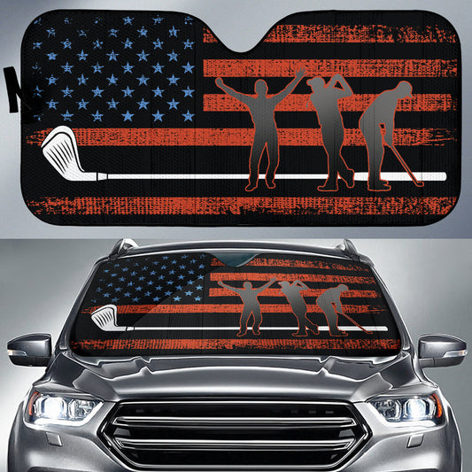 American Flag With Golf Club Car Auto Sun Shades 211701
