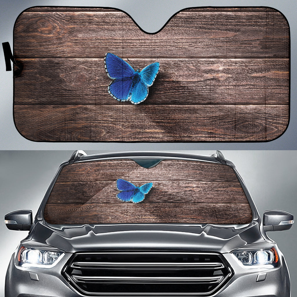 Blue Butterfly Resting on Rustic Wooden Background Car Auto Sun Shades 211502