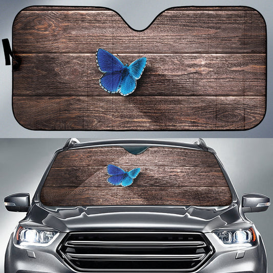 Blue Butterfly Resting on Rustic Wooden Background Car Auto Sun Shades 211502