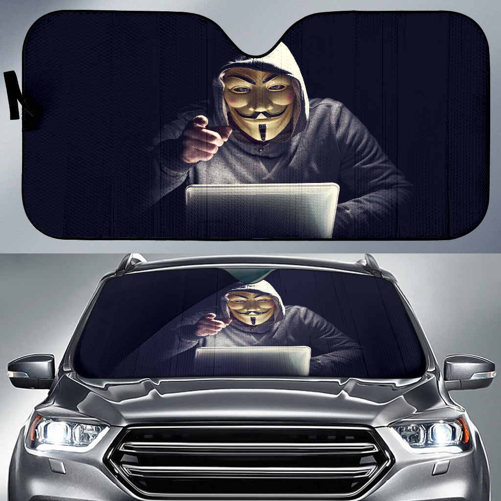 Anonymous Hacker Masked Figure Within Futuristic Cyberworld Car Auto Sun Shades 211302