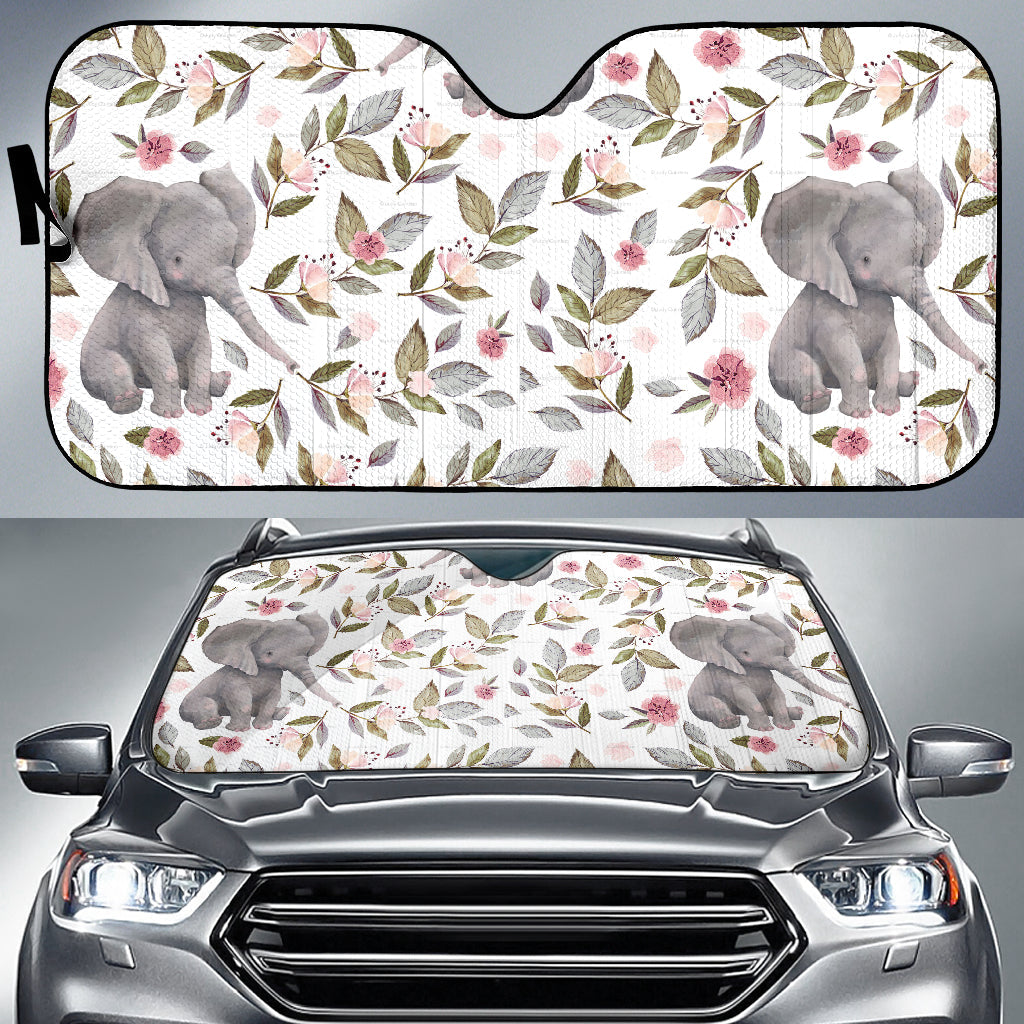 Gentle Baby Elephants Among Soft Floral Patterns Car Auto Sun Shades 211402