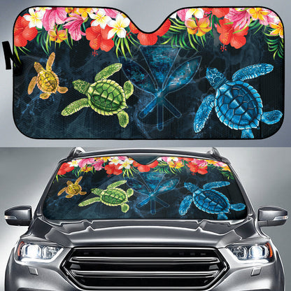 Turtle Kanaka Maoli Hibiscus Plumeria Flower Wave Car Auto Sun Shades 212101