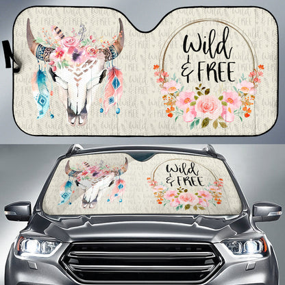Wild And Free Dark Tan Boho Cow Skull Car Auto Sun Shades 211201