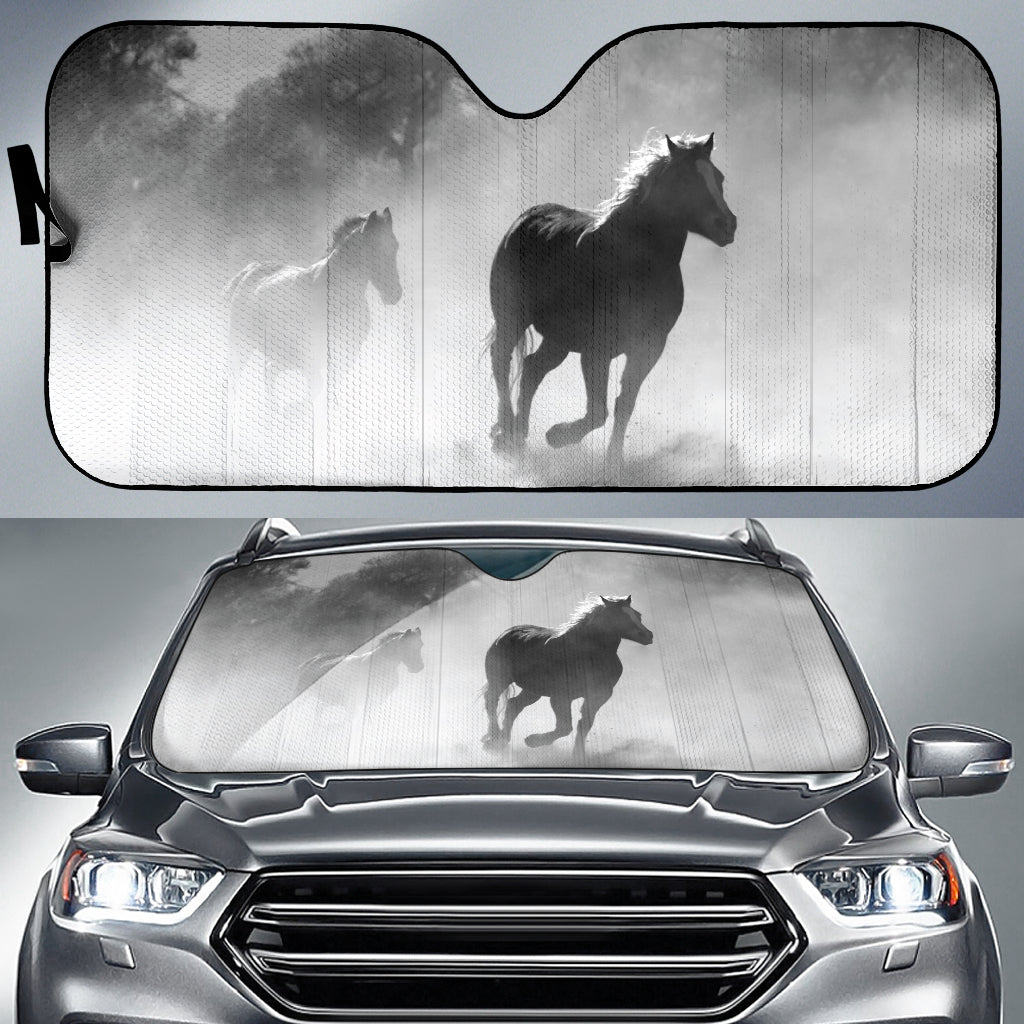 Black White Horses Running Through Misty Landscape Car Auto Sun Shades 211502