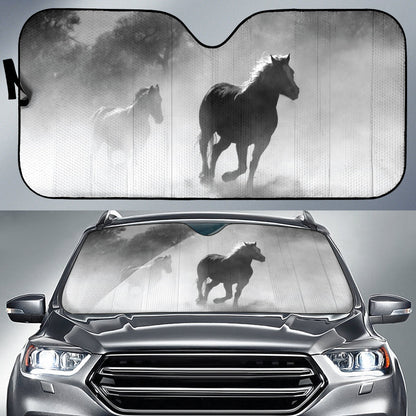 Black White Horses Running Through Misty Landscape Car Auto Sun Shades 211502