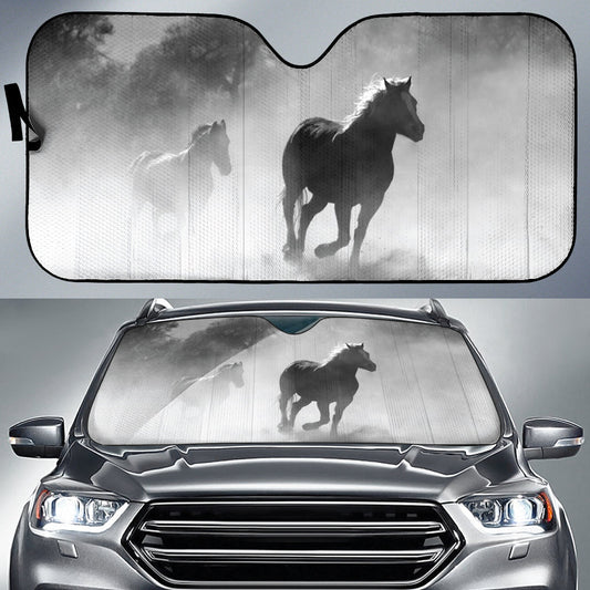 Black White Horses Running Through Misty Landscape Car Auto Sun Shades 211502