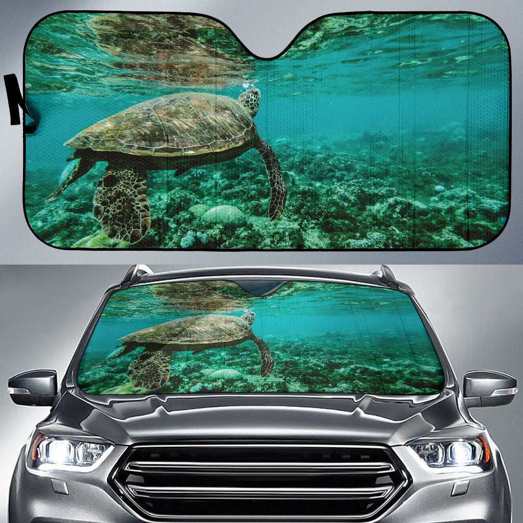 Tortoise Aquatic Corals Displayed in Vibrant Underwater Reef Car Auto Sun Shades 211402