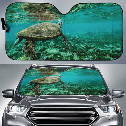 Tortoise Aquatic Corals Displayed in Vibrant Underwater Reef Car Auto Sun Shades 211402