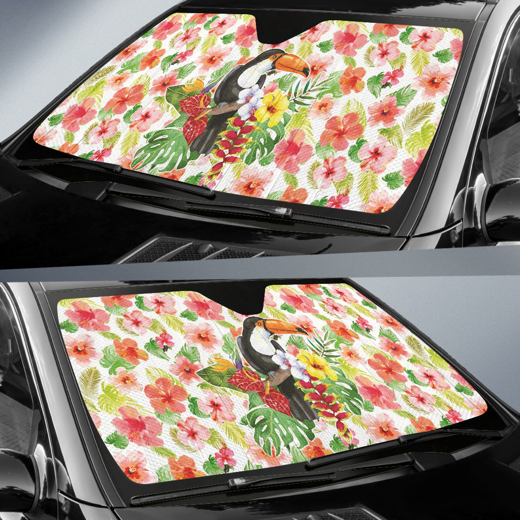 Pink Hibicus Toucan Watercolor Car Auto Sun Shades 212401