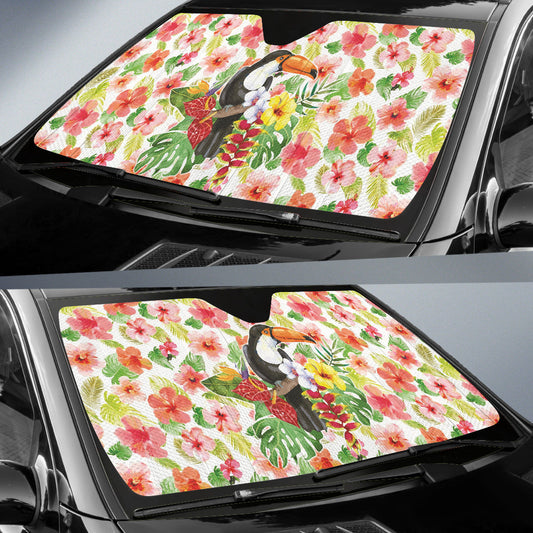Pink Hibicus Toucan Watercolor Car Auto Sun Shades 212401