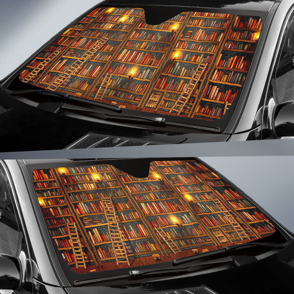 Endless Bookshelves Inside Warm Enchanted Library Car Auto Sun Shades 211502