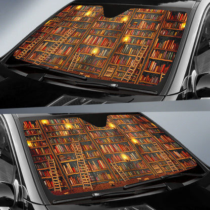 Endless Bookshelves Inside Warm Enchanted Library Car Auto Sun Shades 211502