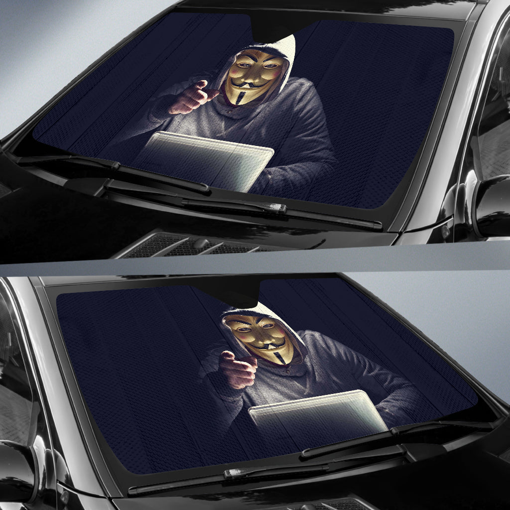 Anonymous Hacker Masked Figure Within Futuristic Cyberworld Car Auto Sun Shades 211302