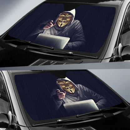 Anonymous Hacker Masked Figure Within Futuristic Cyberworld Car Auto Sun Shades 211302