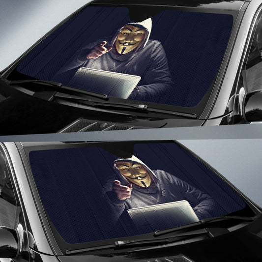Anonymous Hacker Masked Figure Within Futuristic Cyberworld Car Auto Sun Shades 211302