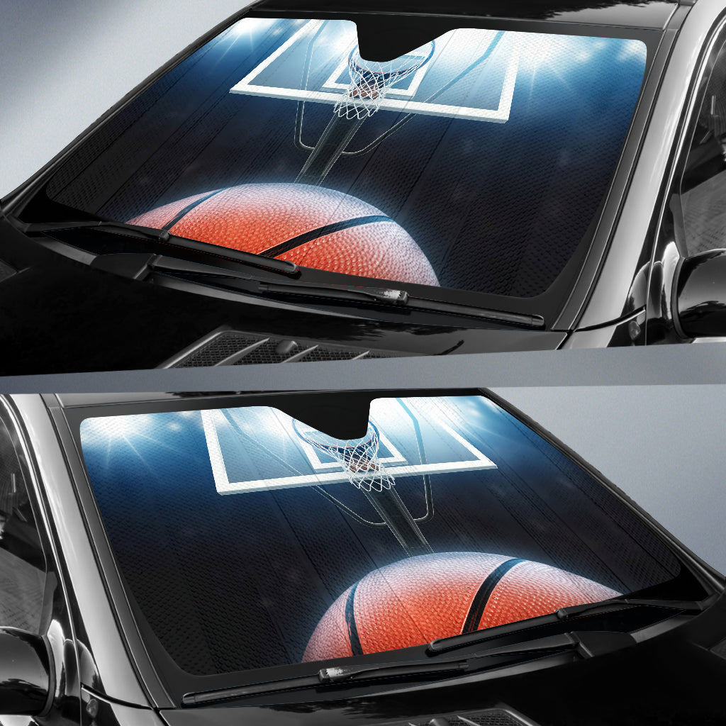 Basketball Swishing Toward Hoop Under Stadium Lights Car Auto Sun Shades 211402