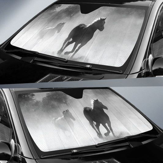 Black White Horses Running Through Misty Landscape Car Auto Sun Shades 211502