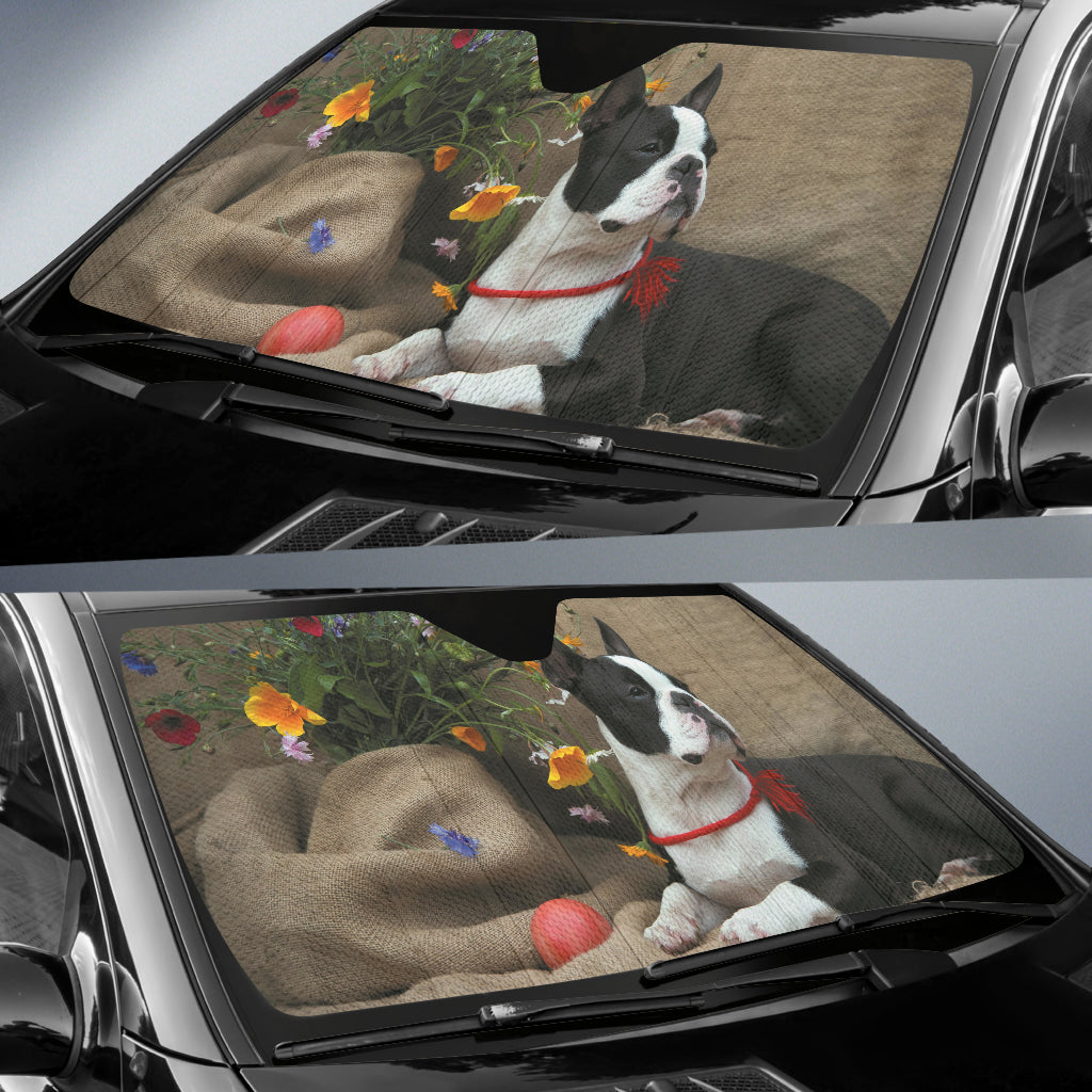 Calm Boston Terrier Portrait with Rustic Floral Scene Car Auto Sun Shades 211502