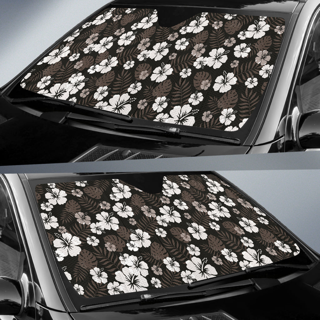Black With Hibiscus Pattern In Gray And White Car Auto Sun Shades 212701