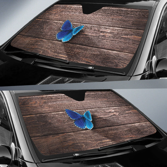Blue Butterfly Resting on Rustic Wooden Background Car Auto Sun Shades 211502