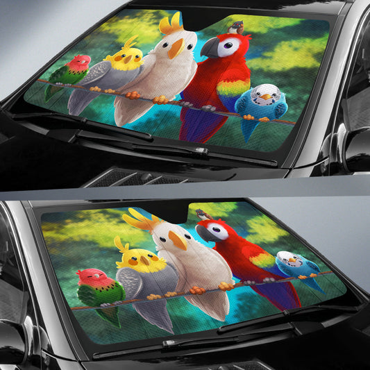 Cute Colorful Parrots Sitting Together on Branch Car Auto Sun Shades 211502