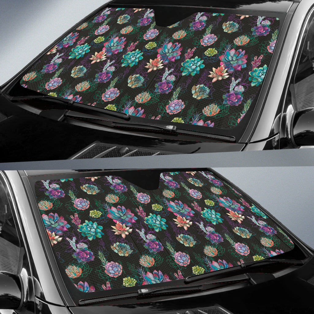 Succulent Colorful Black Background Watercolor Car Auto Sun Shades 212301