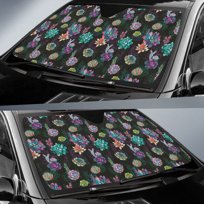 Succulent Colorful Black Background Watercolor Car Auto Sun Shades 212301