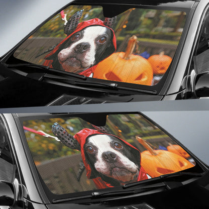 Adorable Boston Terrier Dressed for Halloween Night Car Auto Sun Shades 211502