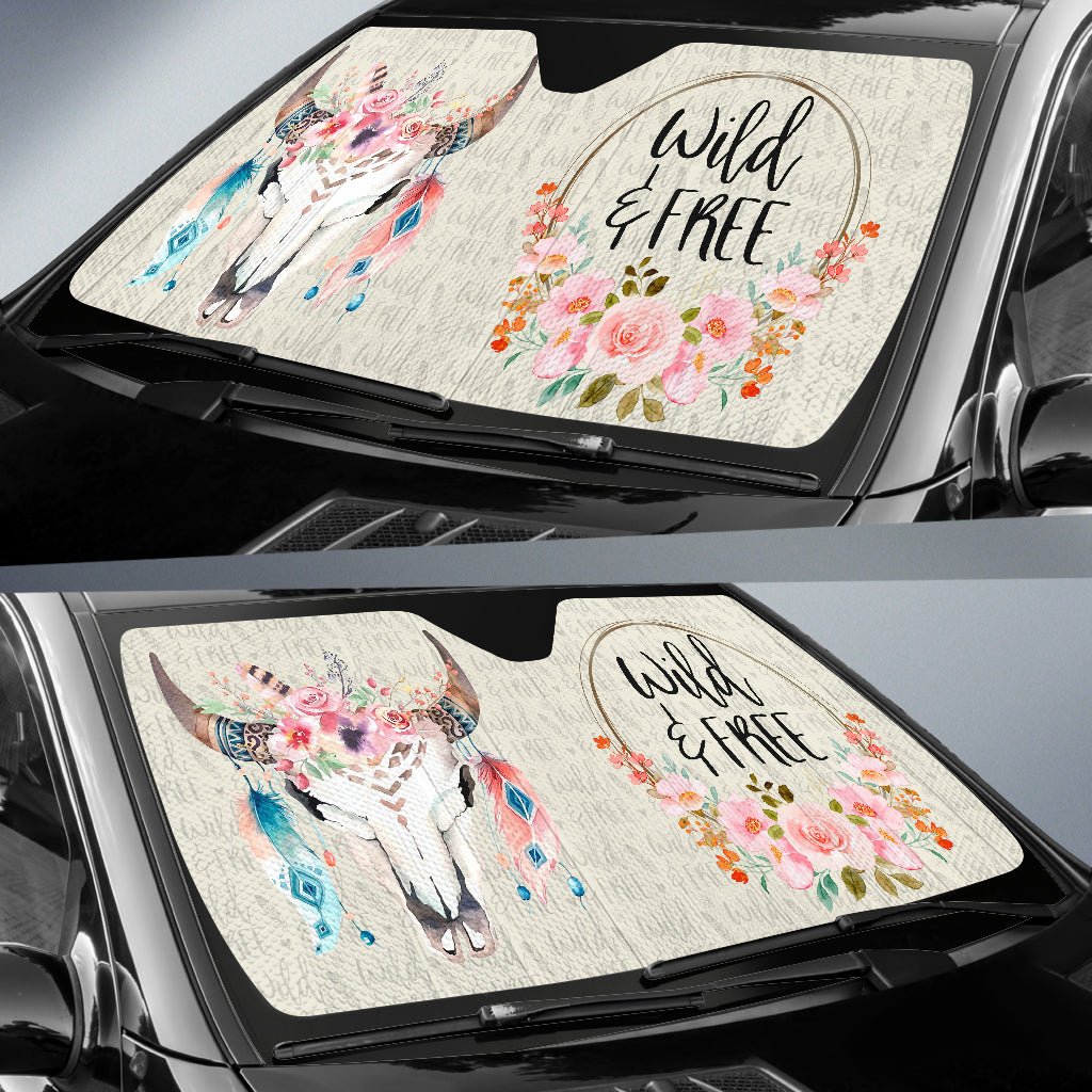 Wild And Free Dark Tan Boho Cow Skull Car Auto Sun Shades 211201
