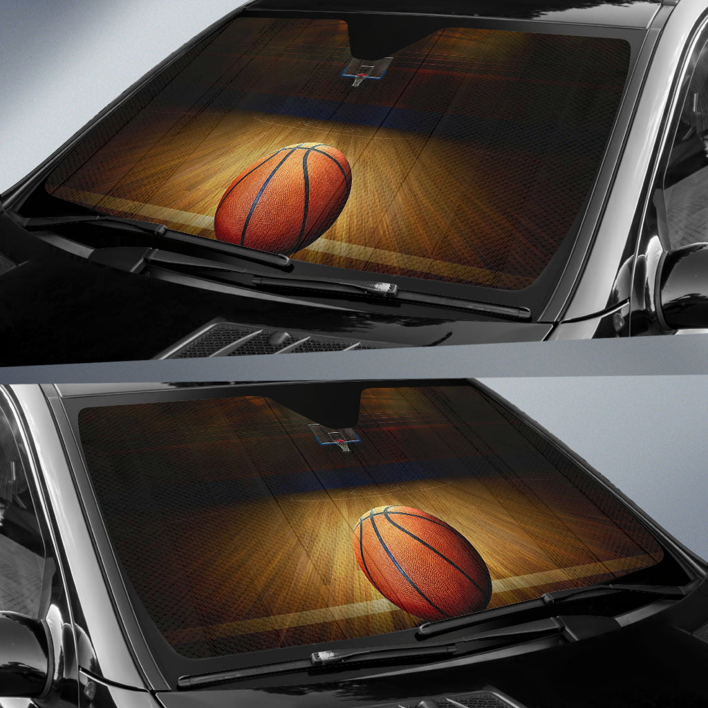 Lone Basketball Resting on Dramatic Wooden Court Car Auto Sun Shades 211402