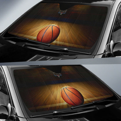 Lone Basketball Resting on Dramatic Wooden Court Car Auto Sun Shades 211402