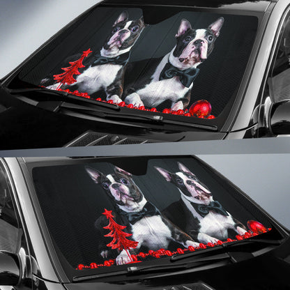 Holiday Boston Terrier Duo Surrounded by Red Ornaments Car Auto Sun Shades 211502