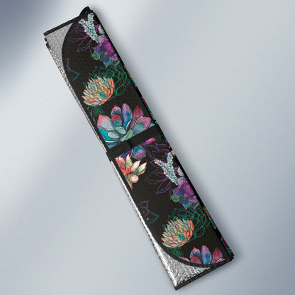 Succulent Colorful Black Background Watercolor Car Auto Sun Shades 212301
