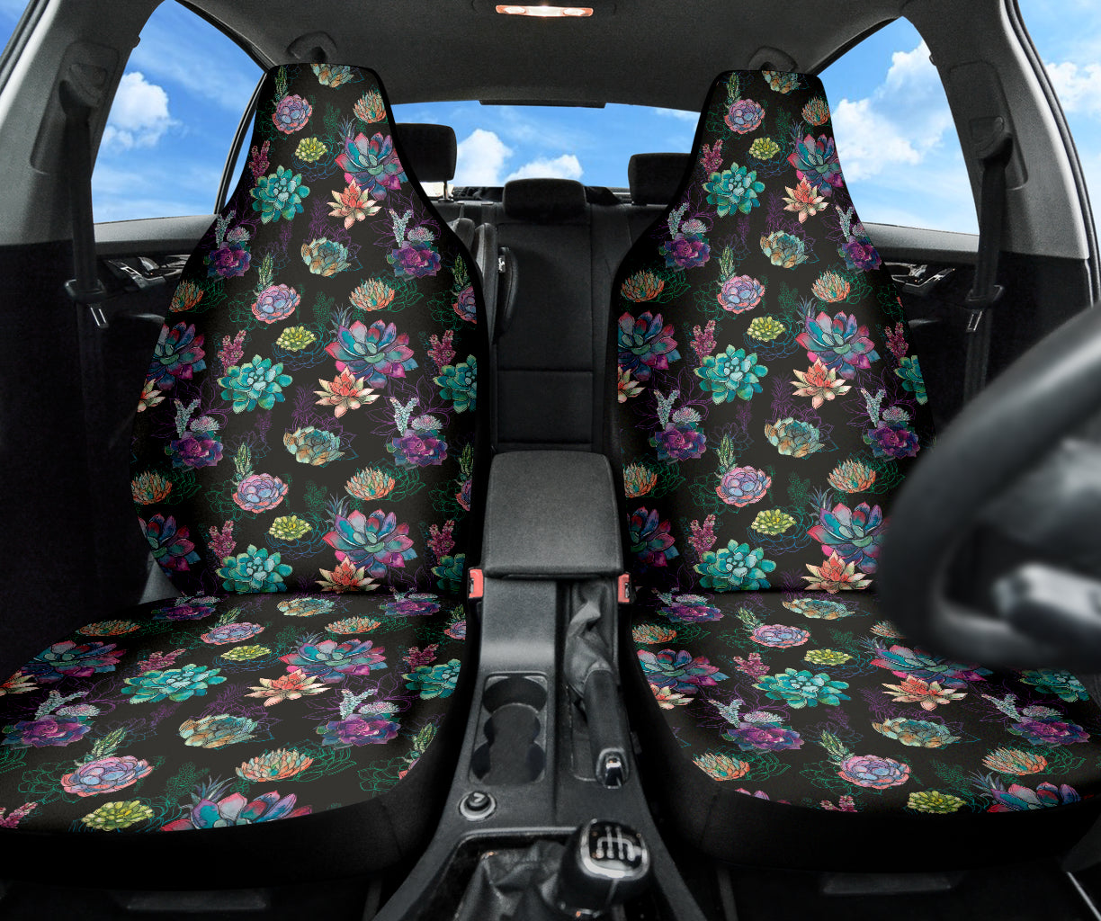 Succulent Colorful Black Background Watercolor Car Seat Covers 212301