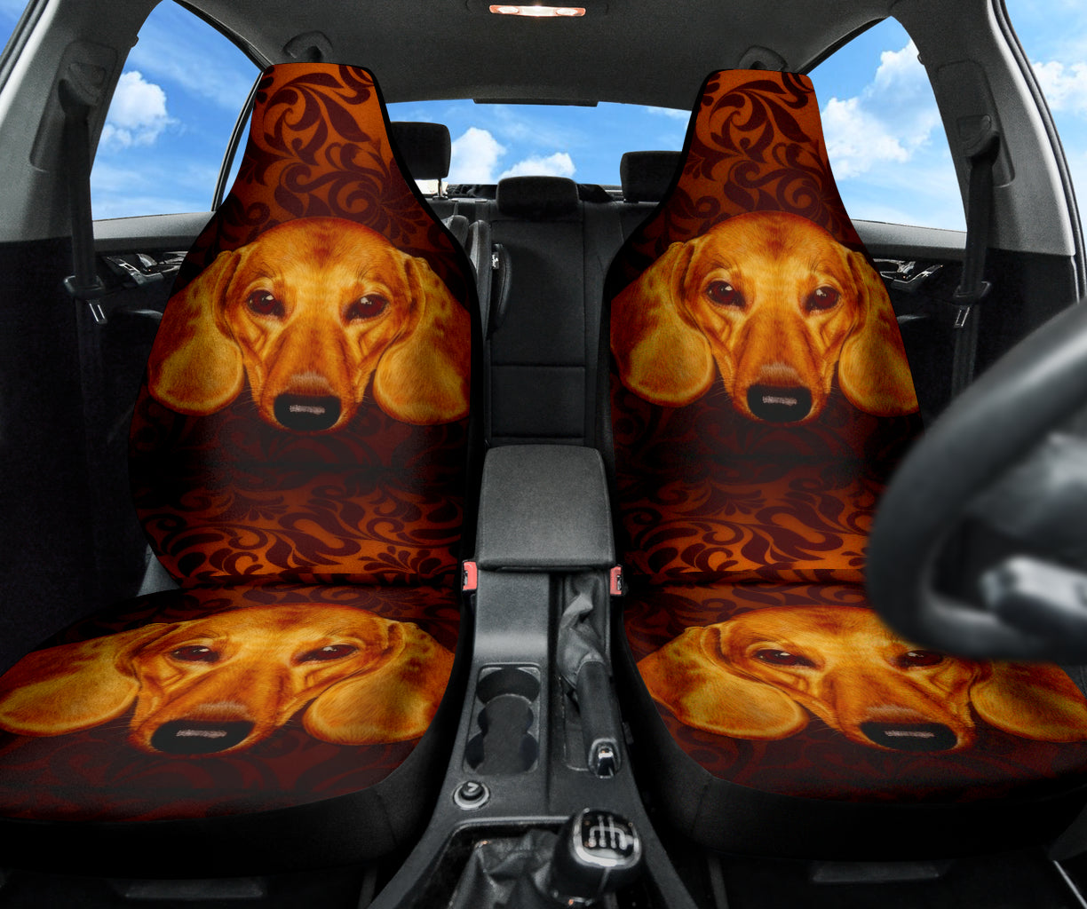 Regal Dachshund Face Against Intricate Pattern Design Car Seat Covers 211402
