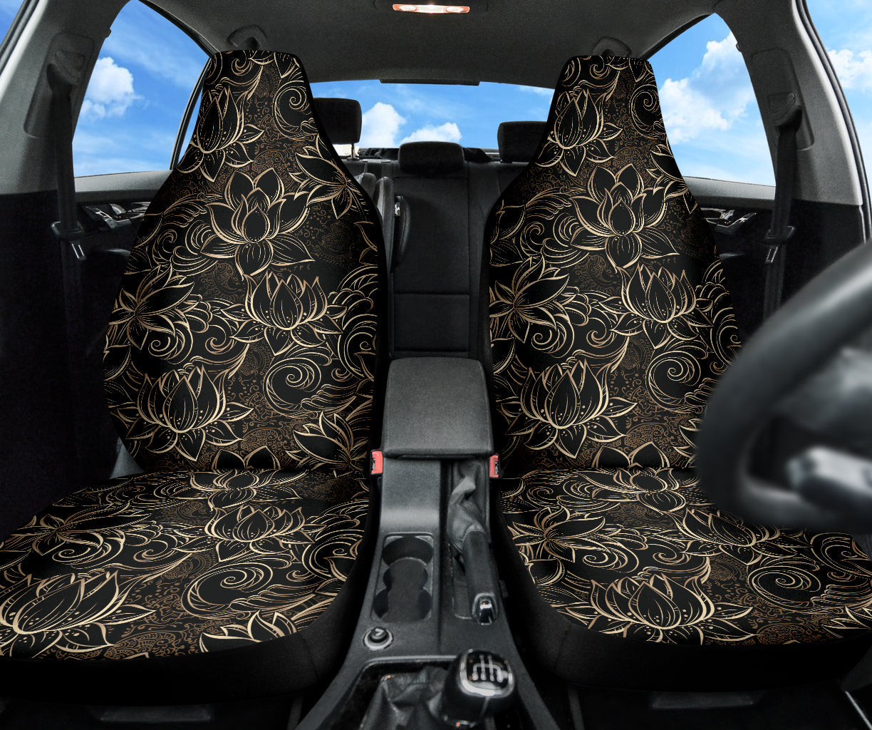 Luxurious Gold Lotus Waterlily Black Background Car Seat Covers 211201