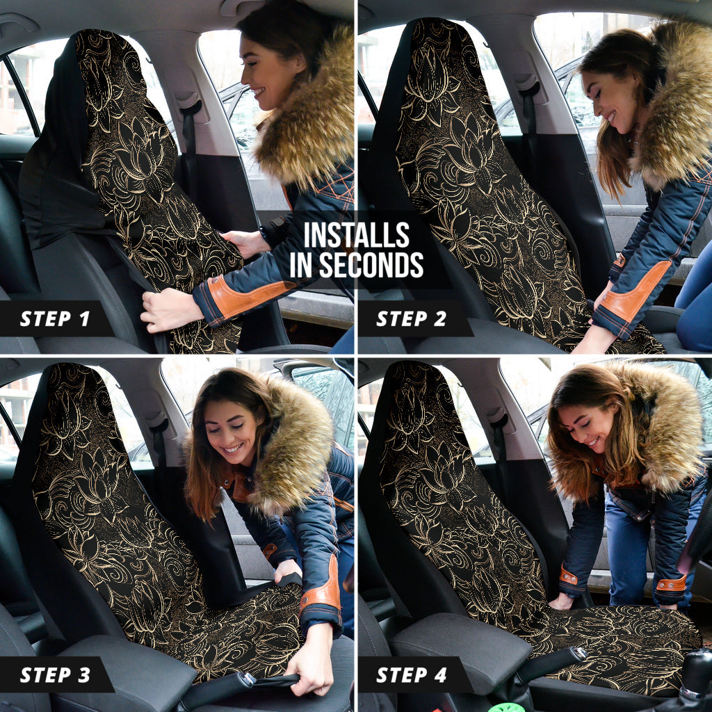 Luxurious Gold Lotus Waterlily Black Background Car Seat Covers 211201