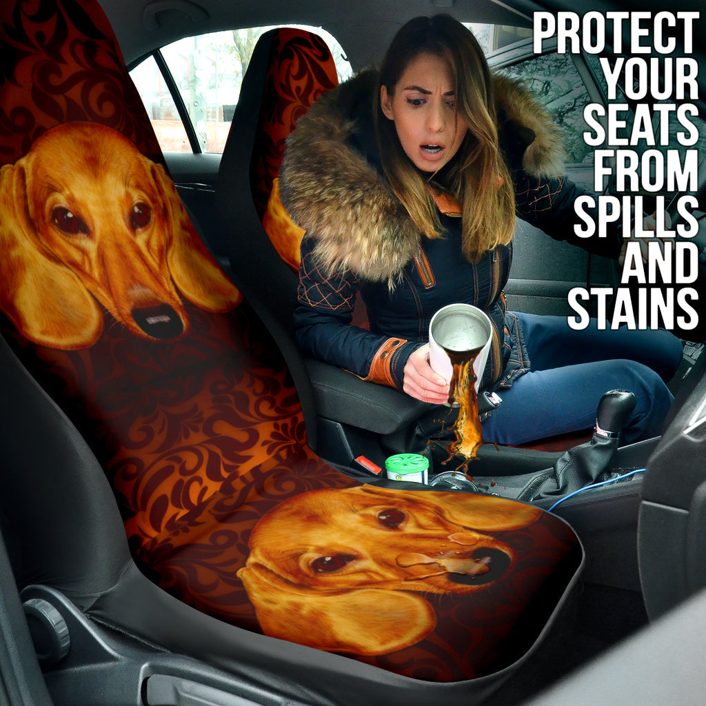 Regal Dachshund Face Against Intricate Pattern Design Car Seat Covers 211402