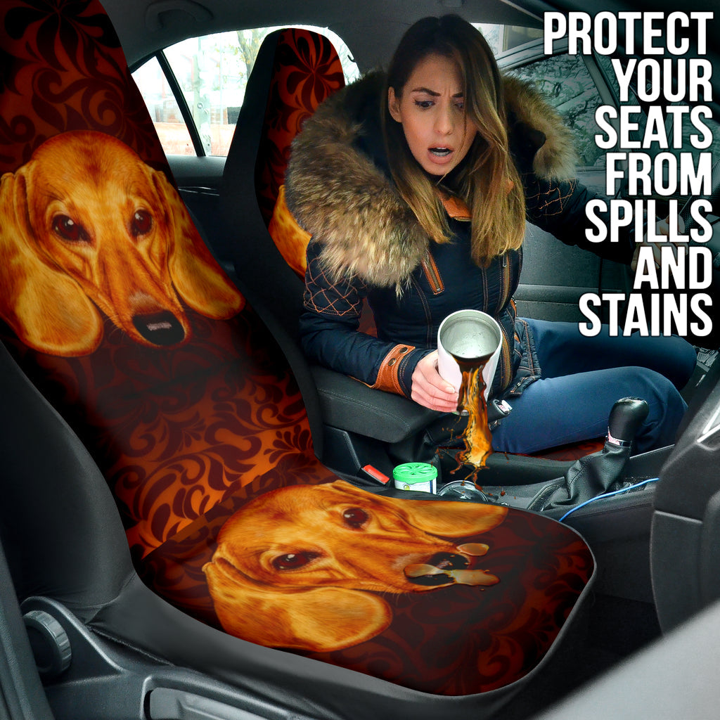 Dachshund Expression Framed by Classic Orange Swirls Car Seat Covers 211402