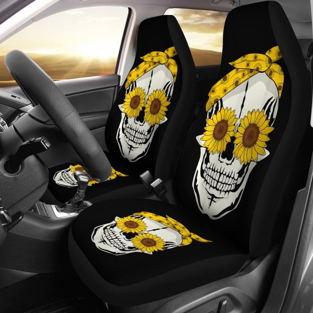 Funny Sunflower Skull Gift For Women Cool Skeleton Bandana Car Seat Covers 212103 - YourCarButBetter
