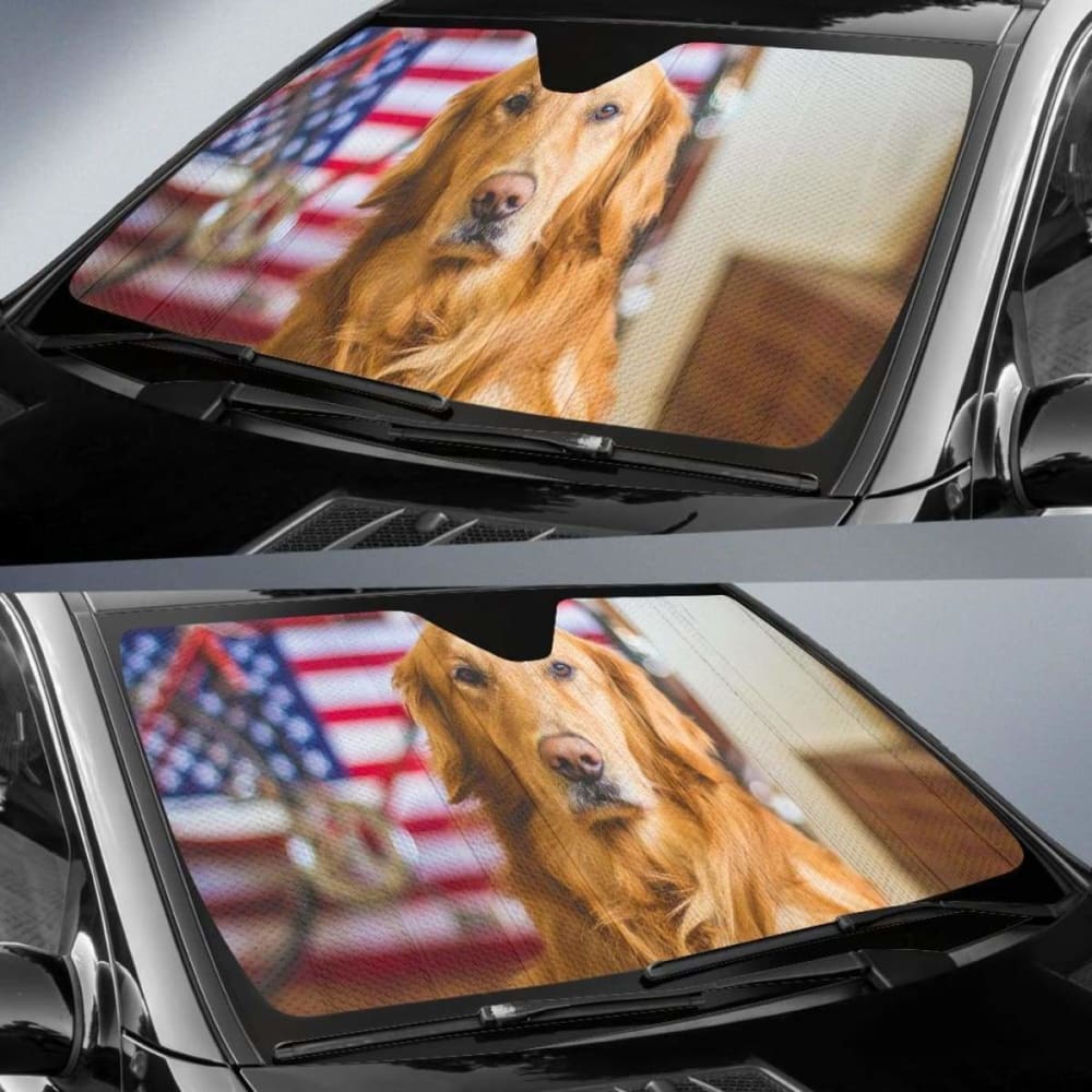 Golden Retriever Usa Flag Hd Car Sun Shade 172609 - YourCarButBetter