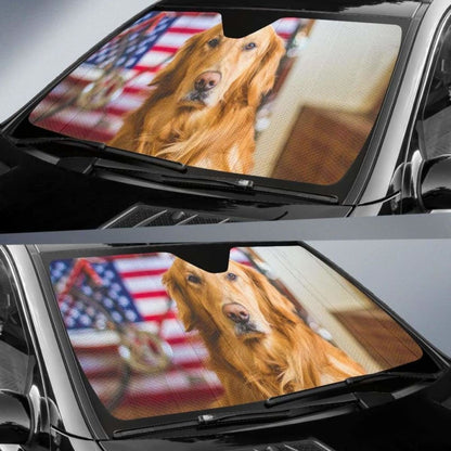 Golden Retriever Usa Flag Hd Car Sun Shade 172609 - YourCarButBetter