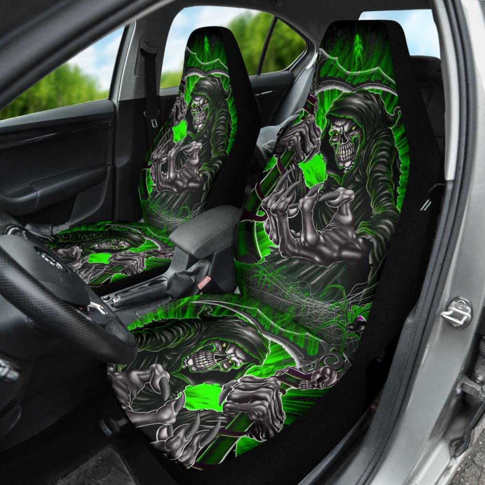 Gray And Green Gothic Skull Grim Reaper Car Seat Covers 210201 - YourCarButBetter