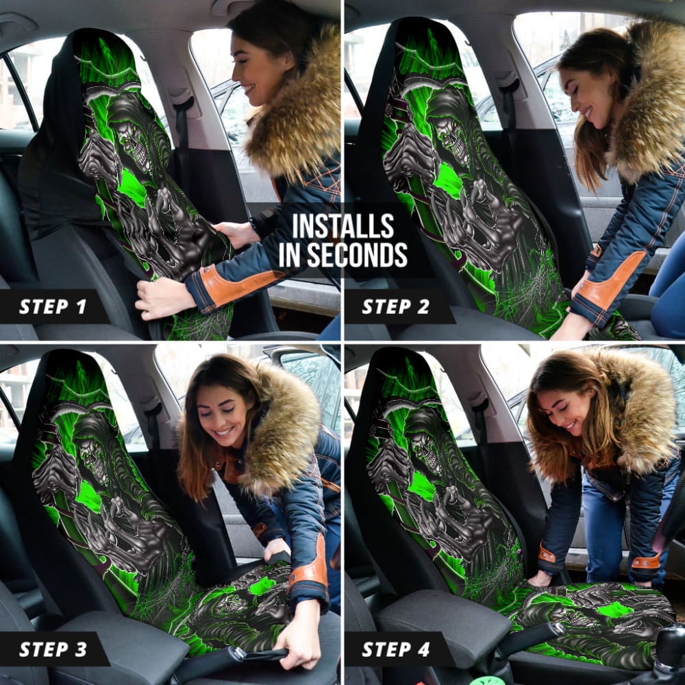 Gray And Green Gothic Skull Grim Reaper Car Seat Covers 210201 - YourCarButBetter