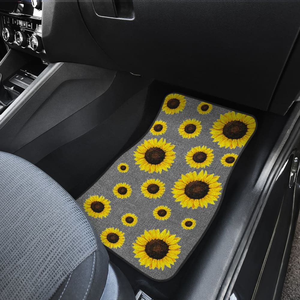 Gray Burlap Style Background With Sunflower Pattern Car Floor Mats 211406 - YourCarButBetter