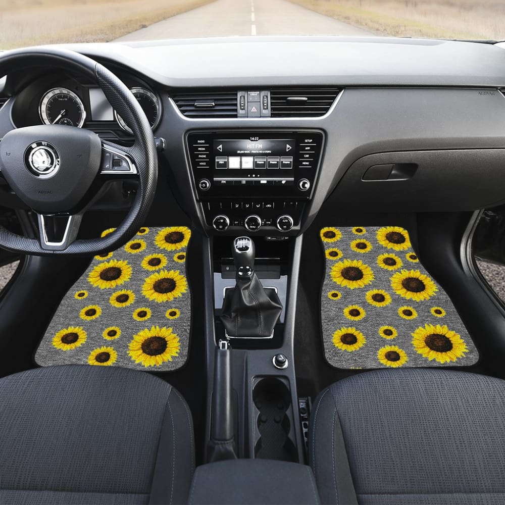 Gray Burlap Style Background With Sunflower Pattern Car Floor Mats 211406 - YourCarButBetter