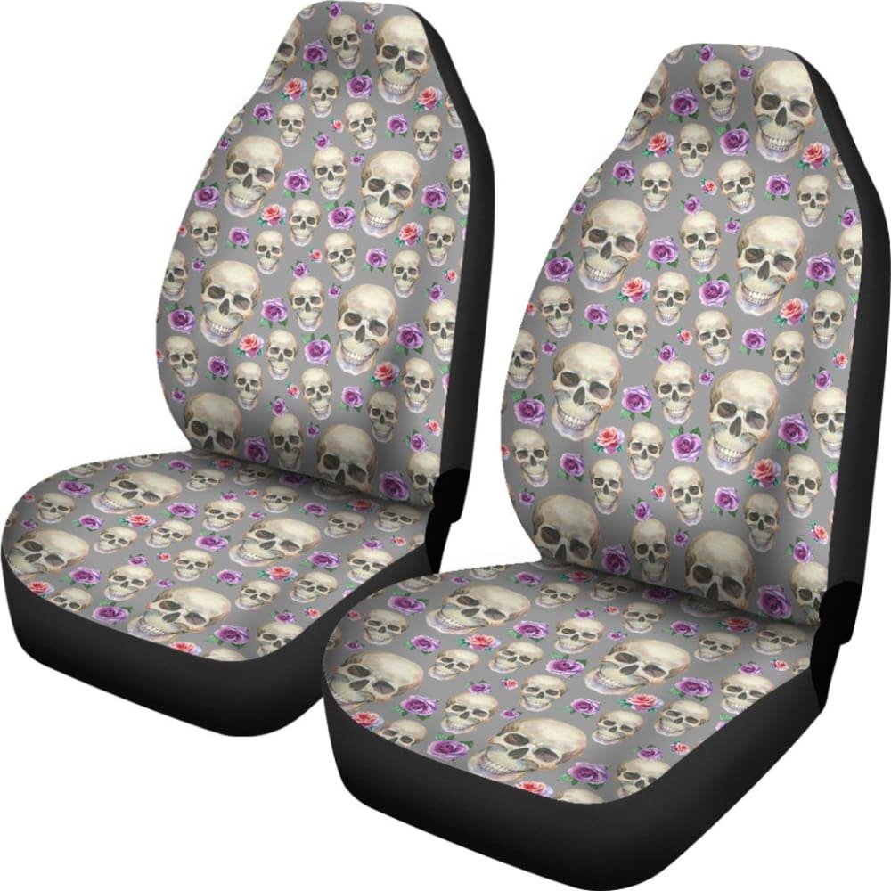 Gray With Skulls And Pink And Purple Roses Car Seat Covers Seat Protectors 174510 - YourCarButBetter