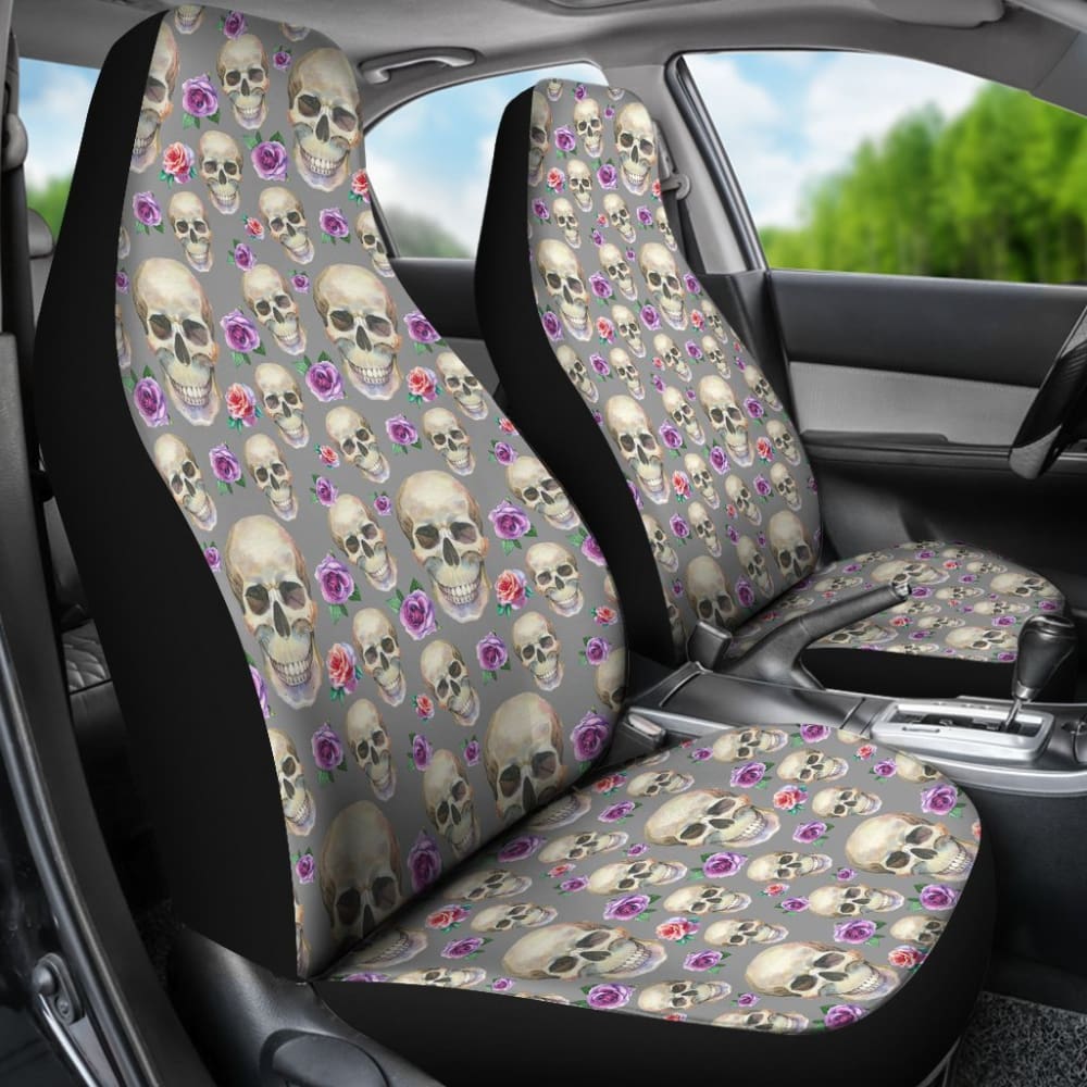 Gray With Skulls And Pink And Purple Roses Car Seat Covers Seat Protectors 174510 - YourCarButBetter