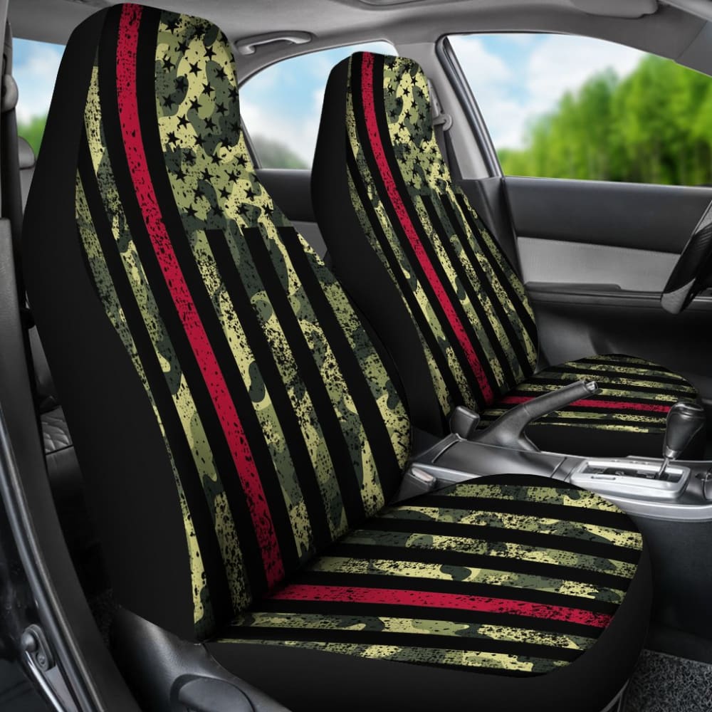 Green Themed American Flag Thin Red Line Car Seat Covers 211803 - YourCarButBetter